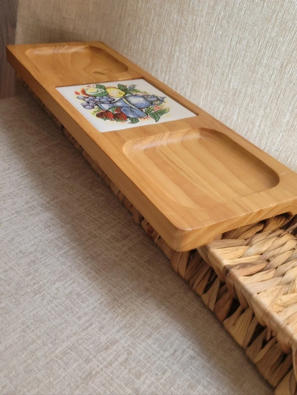Wood Serving Tray with Ceramic Fruit Tile - Natural Wood. Boho Kitchen. MCM. 70s